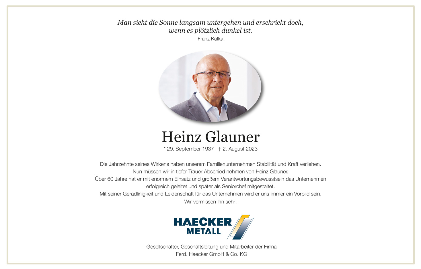 Traueranzeige Heinz Glauner